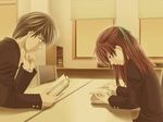  1boy 1girl book brown_hair crescendo d.o. desk eyes_closed game_cg nagira_kaho reading sasaki_ryo school_uniform uniform 