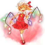  ascot blonde_hair flandre_scarlet hat hat_ribbon kneehighs mary_janes one_eye_closed open_mouth red_eyes ribbon shoes short_hair side_ponytail skirt solo taka_akatsuki touhou wings wrist_cuffs 