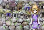  acrylic_paint_(medium) blonde_hair dress fern frog frown hair_ribbon hat hokora_(shrine) hoop looking_at_viewer moriya's_iron_rings moriya_suwako moss purple_eyes ribbon shide short_hair shrine sidelocks soga_kayoko solo standing stone_wall touhou traditional_media wall 