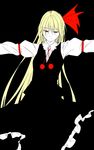  black_background blonde_hair dress ex-rumia hair_ribbon highres long_hair niwatazumi older outstretched_arms red_eyes ribbon rumia smile solo touhou very_long_hair 