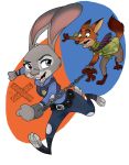  2016 3_toes 4_fingers anthro badge black_nose canid canine claws clothed clothing digital_drawing_(artwork) digital_media_(artwork) dipstick_ears dipstick_tail disney duo female fox fur gloves_(marking) green_eyes grey_fur hi_res judy_hopps lagomorph looking_back male mammal markings multicolored_tail necktie nick_wilde open_mouth open_smile orange_fur pink_nose police_uniform purple_eyes rabbit red_fur running shackles simple_background smile toe_claws toes uniform xrandomgurl zootopia 