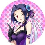  ;d agahari ahoge bare_shoulders blue_hair blush breasts cleavage collar dress gloves idolmaster idolmaster_(classic) index_finger_raised medium_breasts miura_azusa one_eye_closed open_mouth red_eyes short_hair smile solo 