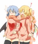  2girls alternate_costume arm_grab bat_wings black_legwear blonde_hair blue_hair blush closed_eyes eiri_(eirri) fang flandre_scarlet hair_ribbon heart heart_print long_sleeves multiple_girls naked_sweater open_mouth remilia_scarlet ribbon scarf shared_scarf siblings side_ponytail sisters smile sweater thighhighs touhou white_background wings zettai_ryouiki 