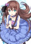  :d aqua_eyes bare_shoulders black_gothic_dress_(idolmaster) blush bow brown_hair choker dress flower frills from_above hair_bow hair_flower hair_ornament hair_ribbon idolmaster idolmaster_cinderella_girls jewelry kurifuto long_hair looking_at_viewer looking_up microphone open_mouth ribbon shibuya_rin skirt smile solo striped striped_legwear vertical-striped_legwear vertical_stripes wrist_ribbon 