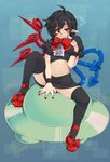  ahoge asymmetrical_wings black_hair black_legwear eyebrows highres houjuu_nue iroyopon midriff navel pointy_ears red_eyes shirt_lift short_hair skirt solo squiggle thick_eyebrows thighhighs touhou wings wristband 