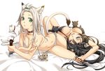  2girls animal_ears arm_up bare_shoulders bell bell_collar big_breasts bikini black_bikini black_hair blade blue_eyes breasts cat cat_ears cat_tail cheese cleavage clothed clothing collar fangs feline female green_eyes grey_hair hair hair_ornament hairclip human kimura_(ykimu) knife long_hair looking_at_viewer lying mammal mouse multiple_girls navel on_back on_side original parted_lips rodent side-tie_bikini simple_background string_bikini swimsuit tail thigh_gap weapon white_background white_bikini white_hair white_swimsuit 