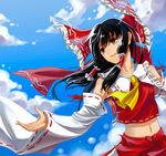  ascot bad_id bad_pixiv_id belly black_hair bow brown_eyes cross_akiha hair_bow hair_tubes hakurei_reimu midriff navel solo touhou 