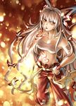  bandages bow cigarette fire fujiwara_no_mokou hair_bow hair_ribbon long_hair no_shirt pants red_eyes ribbon ruukii_drift sarashi sash silver_hair solo tattoo touhou very_long_hair 