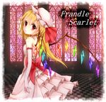  alternate_costume armband blonde_hair bow character_name checkered checkered_floor colorized dress flandre_scarlet hat hat_ribbon head_tilt looking_at_viewer looking_back pink_dress red_eyes ribbon rinyuu short_hair side_ponytail solo stained_glass touhou window wings 