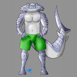  anthro azrael_rhincodon bulge chubby clothed clothing fins fish green_eye green_eyes half-dressed hand_on_hip kesali looking_at_viewer male marine muscles navel nipples plain_background shark shorts smile solo spots standing topless whale_shark whaleshark 