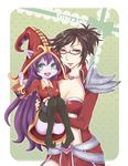  carrying glasses green_eyes hat heartseeker_vayne ichancat league_of_legends long_hair lulu_(league_of_legends) multiple_girls panties pointy_ears princess_carry purple_hair purple_skin shauna_vayne striped striped_panties underwear witch_hat 