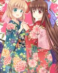  alternate_hairstyle bad_id bad_pixiv_id blonde_hair brown_hair green_eyes highres holding_hands japanese_clothes kamikita_komari kimono little_busters! long_hair multiple_girls natsume_rin red_eyes satou_aoi 