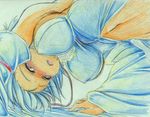  blush breasts colored_pencil_(medium) covered_nipples detached_sleeves from_below hanging_breasts inubashiri_momiji kitazinger large_breasts open_mouth red_eyes short_hair sideboob solo touhou traditional_media white_hair 