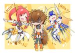  animal_ears blazblue blonde_hair blue_eyes chibi crying gloves hair_ornament izayoi_(blazblue) kuroshiro_(ms-2420) laughing long_hair makoto_nanaya mecha_musume midriff mu-12 multiple_girls odd_one_out orange_skirt ponytail red_eyes red_hair skirt smile squirrel_ears squirrel_tail tail tears tonfa trembling troll_face tsubaki_yayoi weapon 