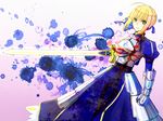  ahoge armor armored_dress artoria_pendragon_(all) blonde_hair command_spell dress excalibur fate/zero fate_(series) gauntlets green_eyes hair_ribbon hoshiume ribbon saber solo sword weapon 