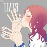  bad_id bad_pixiv_id between_fingers blush closed_eyes kiss kiyosumi_school_uniform kurage long_hair mahjong mahjong_tile object_kiss red_hair saki school_uniform serafuku solo takei_hisa 