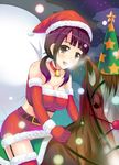  bell bell_collar breasts brown_eyes brown_hair christmas cleavage collar detached_sleeves garter_straps hat horse impossible_clothes impossible_shirt kondou_ryunosuke large_breasts miniskirt multicolored multicolored_clothes multicolored_hat okita_sawa red_legwear sabure santa_costume santa_hat shirt skirt snowing tari_tari thighhighs 