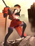  adjusting_clothes adjusting_hat alisa_ilinichina_amiella bare_shoulders black_gloves black_legwear blonde_hair blue_eyes boots breasts cabbie_hat city fingerless_gloves gloves god_eater god_eater_burst gun hand_on_hip hat high_heels highres huge_weapon large_breasts looking_back midriff nueco pantyhose plaid plaid_skirt rubble shoes skirt solo suspender_skirt suspenders sword thigh_boots thighhighs underboob weapon wind 