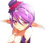  blush breasts clam_curry cum cum_on_body cum_on_breasts cum_on_hair cum_on_upper_body demon_girl lamica long_pointy_ears medium_breasts pointy_ears purple_eyes purple_hair queen's_blade queen's_blade_spiral_chaos short_hair solo succubus 