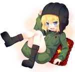  :d black_footwear blonde_hair blue_eyes blush boots fang frilled_pillow frills full_body girls_und_panzer helmet katyusha long_sleeves lying meito_(maze) military military_uniform on_back open_mouth pillow pravda_military_uniform short_hair short_jumpsuit smile solo uniform v-shaped_eyebrows white_background 