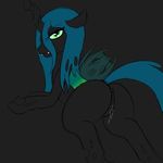  butt changeling ensayne fangs female friendship_is_magic green_eyes horn invalid_tag looking_at_viewer lying my_little_pony nude on_front plain_background presenting presenting_hindquarters pussy pussy_juice queen_chrysalis queen_chrysalis_(mlp) solo wings 