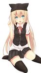  :o animal_hat black_legwear blonde_hair blue_eyes cat_hat dress_shirt fang hat highres long_hair open_mouth original paw_pose ribbon saku_(kudrove) shirt sitting skirt solo thighhighs vest wariza 