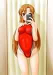  asuna_(sao) breasts brown_eyes brown_hair cellphone competition_swimsuit covered_nipples curtains impossible_clothes long_hair medium_breasts mirror one-piece_swimsuit phone reflection self_shot solo swimsuit sword_art_online tk4 