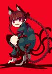  animal_ears bow braid cat_ears cat_tail hair_bow highres kaenbyou_rin long_hair looking_back multiple_tails ngayope open_mouth red_eyes red_hair shoe_ribbon smile solo squatting tail thighhighs touhou twin_braids 