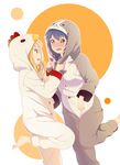  animal_costume barefoot blonde_hair blue_hair brown_eyes bunny_costume buttons chicken_costume furutani_himawari kanbayashi_makoto multiple_girls oomuro_sakurako open_mouth pajamas toes yuru_yuri 