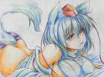  animal_ears bare_shoulders blush breasts colored_pencil_(medium) detached_sleeves hat inubashiri_momiji kitazinger large_breasts lying midriff on_stomach open_mouth red_eyes short_hair solo tail tokin_hat touhou traditional_media white_hair wolf_ears wolf_tail 