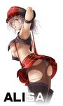  adjusting_hair alisa_ilinichina_amiella armlet ass black_gloves blue_eyes boots breasts cabbie_hat character_name gloves god_eater god_eater_burst hat medium_breasts midriff panties panties_under_pantyhose pantyhose parted_lips plaid plaid_skirt shadow silver_hair simple_background skirt solo suspender_skirt suspenders thigh_boots thighhighs thor_(deep_rising) torn_clothes torn_legwear underboob underwear white_background white_panties 