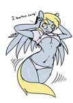  anthro anthrofied avante92 blonde_hair breasts clothing derp_eyes derpy_hooves_(mlp) dialog english_text equine female friendship_is_magic hair headphones horse mammal my_little_pony navel panties pegasus plain_background pony shirt solo standing text underwear white_background wings yellow_eyes 