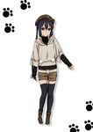  beret black_hair black_legwear brown_eyes full_body hat hood hoodie k-on! long_hair nakano_azusa oku_no_shi paw_print poncho shorts solo thighhighs twintails 