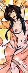  1girl bang bangs black_hair breasts finger_gun flower japanese_clothes kimono large_breasts light_skin lips_parted long_hair lying lying_down neo-edo-exican pubic_hair pussy small_nipples soft solo undressing 