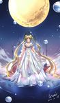  2012 back_bow bare_shoulders bishoujo_senshi_sailor_moon blonde_hair bow castle closed_eyes dated double_bun dress full_moon long_hair moon princess_serenity puyue smile solo strapless strapless_dress tsukino_usagi twintails white_dress 
