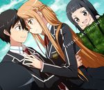  2girls :d asuna_(sao) bad_id bad_pixiv_id black_eyes black_hair blazer brown_eyes brown_hair couple dutch_angle eye_contact hand_on_another's_chest hands_on_own_cheeks hands_on_own_face hetero jacket kirito long_hair looking_at_another multiple_girls open_mouth school_uniform short_hair smile sword_art_online v-shaped_eyebrows yamaki_suzume yui_(sao) 