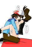  1boy 1girl absurdres artist_request clothed_sex condom condom_on_penis highres kiss penis pokemon pokemon_(game) pokemon_bw sex text touko_(pokemon) touya_(pokemon) upright_straddle vaginal 