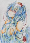  animal_ears bare_shoulders blush breasts clenched_hands closed_eyes colored_pencil_(medium) detached_sleeves hat highres inubashiri_momiji kitazinger large_breasts looking_up short_hair solo tail tokin_hat touhou traditional_media upper_body white_hair wolf_ears wolf_tail 