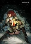  areola_slip areolae armor armored_dress belt breasts brick eyeliner face fingerless_gloves freckles gloves high_heels kingdom_death knife lantern lips lokman_lam makeup medium_breasts open_mouth red_hair shoes sitting snow solo thighhighs thighs torn_clothes wall 