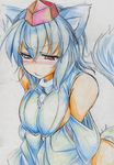  animal_ears bare_shoulders blush breast_squeeze breasts colored_pencil_(medium) detached_sleeves hat highres inubashiri_momiji kitazinger large_breasts red_eyes short_hair solo tail tokin_hat touhou traditional_media upper_body white_hair wolf_ears wolf_tail 