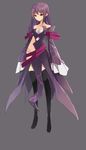  absurdres aisha_(elsword) alternate_costume alternate_hairstyle bad_id bad_pixiv_id black_legwear dress elsword highres long_hair long_sleeves purple_eyes purple_hair simple_background solo swd3e2 thighhighs 