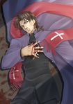  blood brown_eyes brown_hair cassock cross cross_necklace fate/stay_night fate_(series) jewelry kotomine_kirei long_coat male_focus necklace sayakajou scarf solo stole 