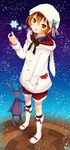  absurdres akane_(goma) animal_ears bad_id bad_pixiv_id boots brown_hair bunny_ears doll fake_animal_ears full_body goma_(11zihisin) heart highres hood hoodie long_image male_focus open_mouth original otoko_no_ko ribbon shorts sky smile snowflakes solo souta_(goma) star_(sky) starry_sky stuffed_animal stuffed_bunny stuffed_toy tall_image yellow_eyes 