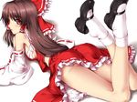  ass bare_shoulders blush bow breasts brown_hair detached_sleeves hair_bow hair_tubes hakurei_reimu long_hair looking_back lying mary_janes medium_breasts nonbei on_stomach parted_lips red_eyes sarashi shoe_dangle shoes sideboob socks solo touhou white_legwear 