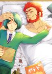  beard card casual facial_hair fate/zero fate_(series) game_console green_hair hand_on_another's_head mayumu multiple_boys necktie on_bed playing_card red_eyes red_hair rider_(fate/zero) sleeping waver_velvet 