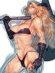  abs amazon_(dragon's_crown) armlet bikini blonde_hair breasts cameltoe cleavage covered_nipples dragon's_crown feathers fumio_(rsqkr) gloves grey_eyes halberd holding large_breasts lips long_hair muscle muscular_female nose polearm solo swimsuit tattoo thick_thighs thighs weapon 