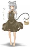  ? animal_ears bare_legs barefoot basket blush_stickers breasts capelet dress gem grey_hair jewelry mouse mouse_ears mouse_tail nazrin necklace peperoncirno prehensile_tail red_eyes sad short_hair small_breasts solo tail touhou translated 