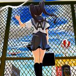  aircraft back bad_id bad_pixiv_id bag blimp chain-link_fence copyright_request dirigible fence from_behind long_hair looking_through_fence masao school_bag school_uniform serafuku solo twintails wind 