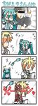  1boy 2girls 4koma aqua_hair bar_censor brother_and_sister bruce_lee censored chibi chibi_miku comic handheld_game_console hatsune_miku identity_censor kagamine_len kagamine_rin minami_(colorful_palette) multiple_girls nunchaku playstation_portable siblings silent_comic twins vocaloid weapon |_| 