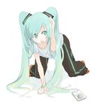  all_fours blue_eyes blue_hair digital_media_player hatsune_miku highres ipod long_hair solo tansuke twintails vocaloid 